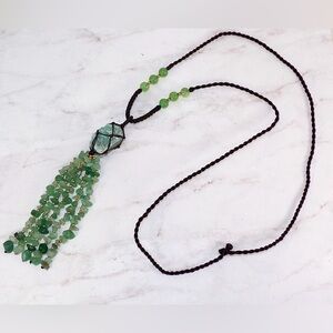 Green aventurine stone tassel necklace with glass beads on brown neck cord New
